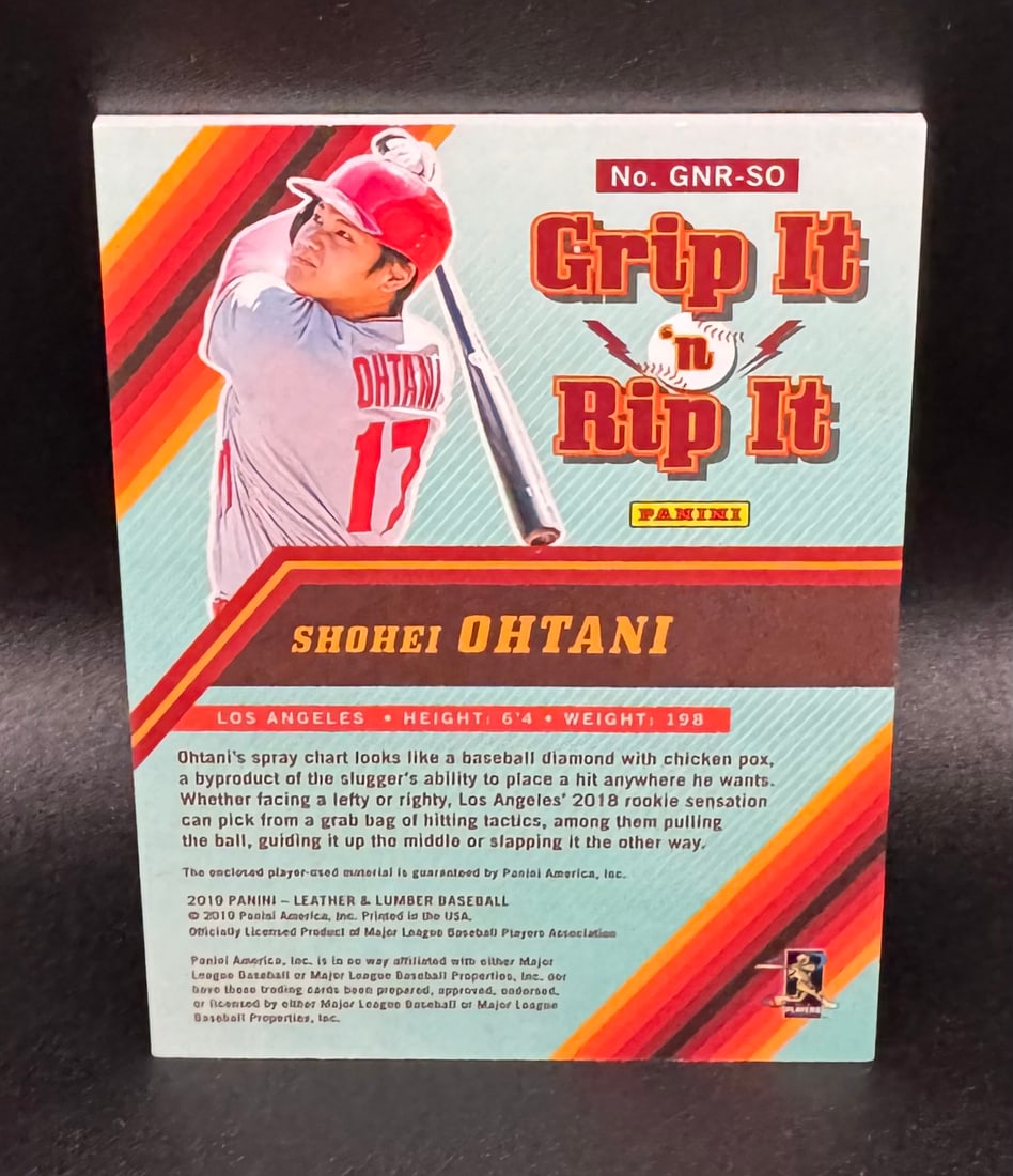 2019 Panini Leather & Lumber Shohei Ohtani Grip It 'n Rip It Dual Relic – #14/20 - 2