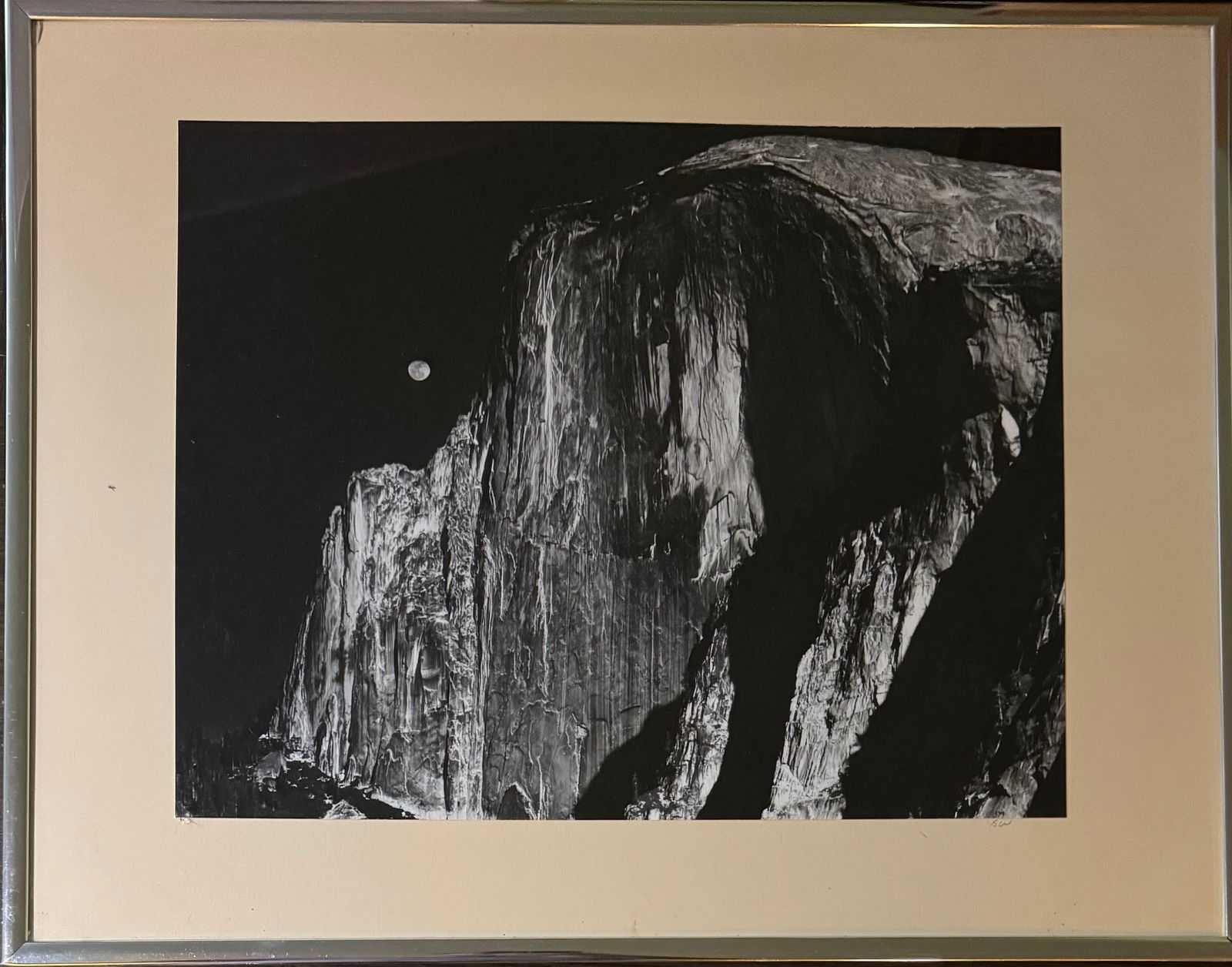 Bob Werling Signed Silver Gelatin Print Moon and Half Dome Yosemite Landscape - Signed BW: Artist: Robert "Bob" Werling (American, 1943–2022) Title: Moon and Half Dome, Yosemite National Park Medium: Silver Gelatin Photograph Signature: Hand-signed in pencil with initials "BW" on
