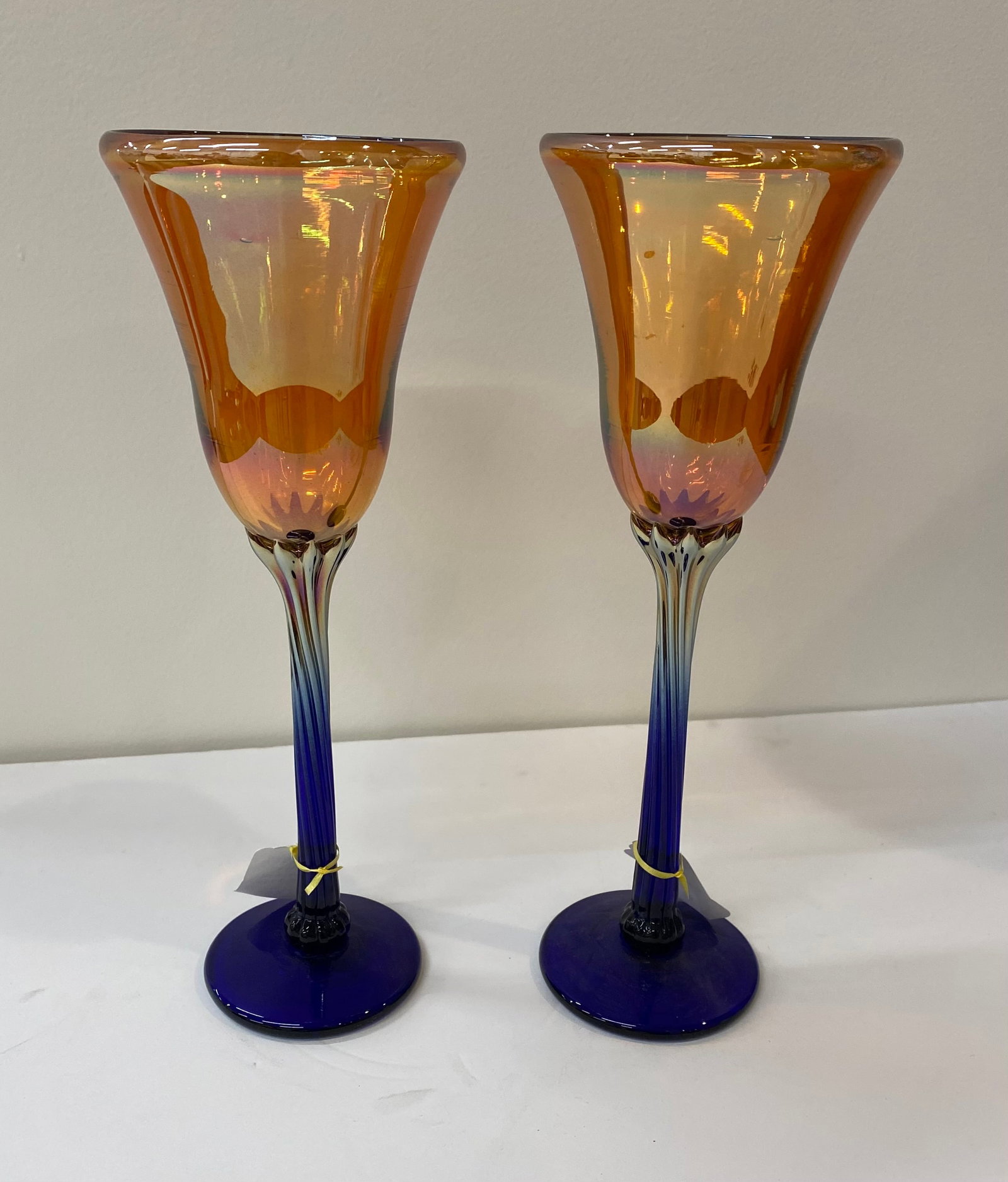 Pair of Vintage Art Glass Champagne Flutes - Iridescent Amber to Cobalt Blue (1 of 1)