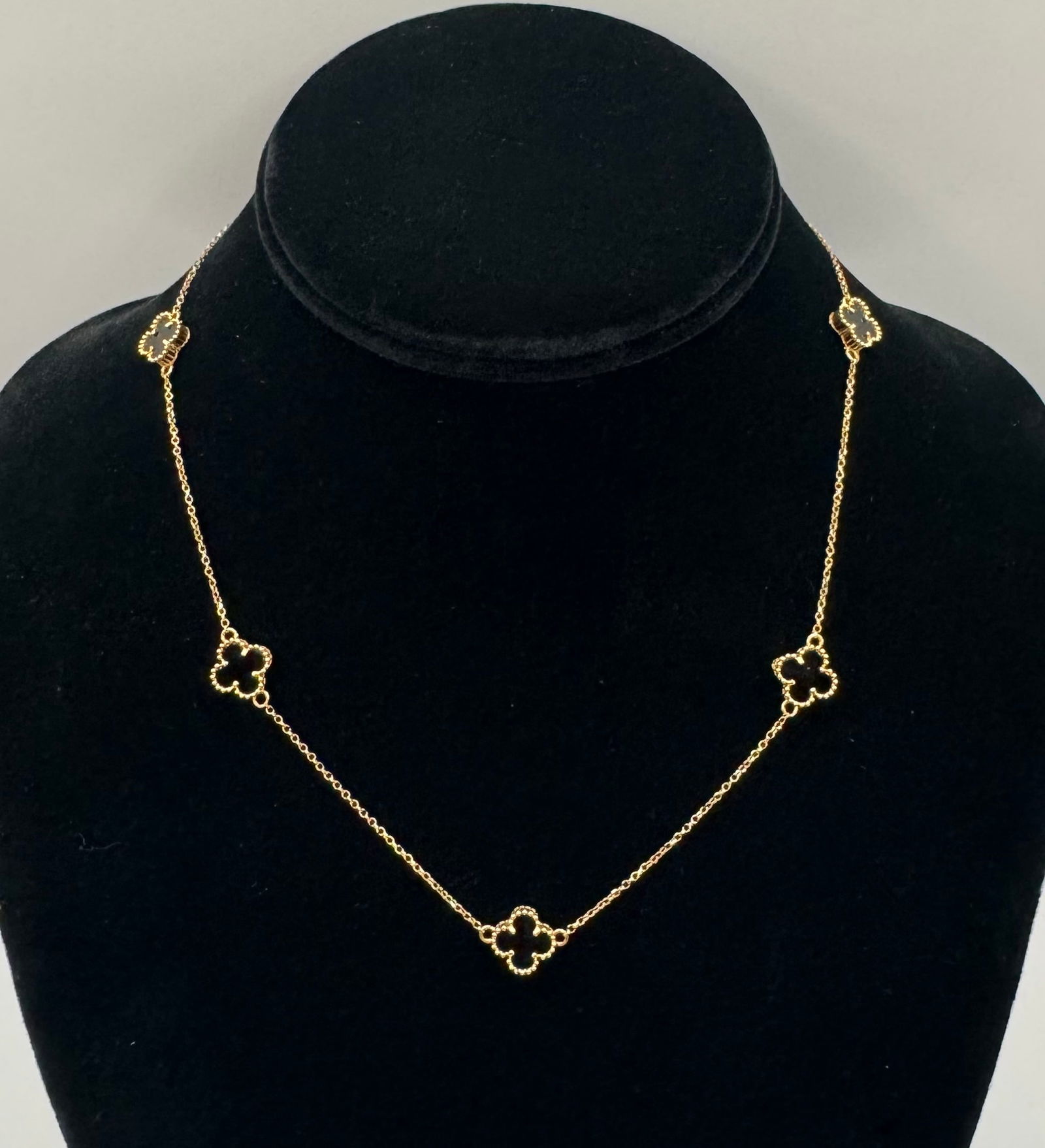 18K Yellow Gold & Onyx 5-Alhambra Style Motif Necklace Van Cleef Style - 2