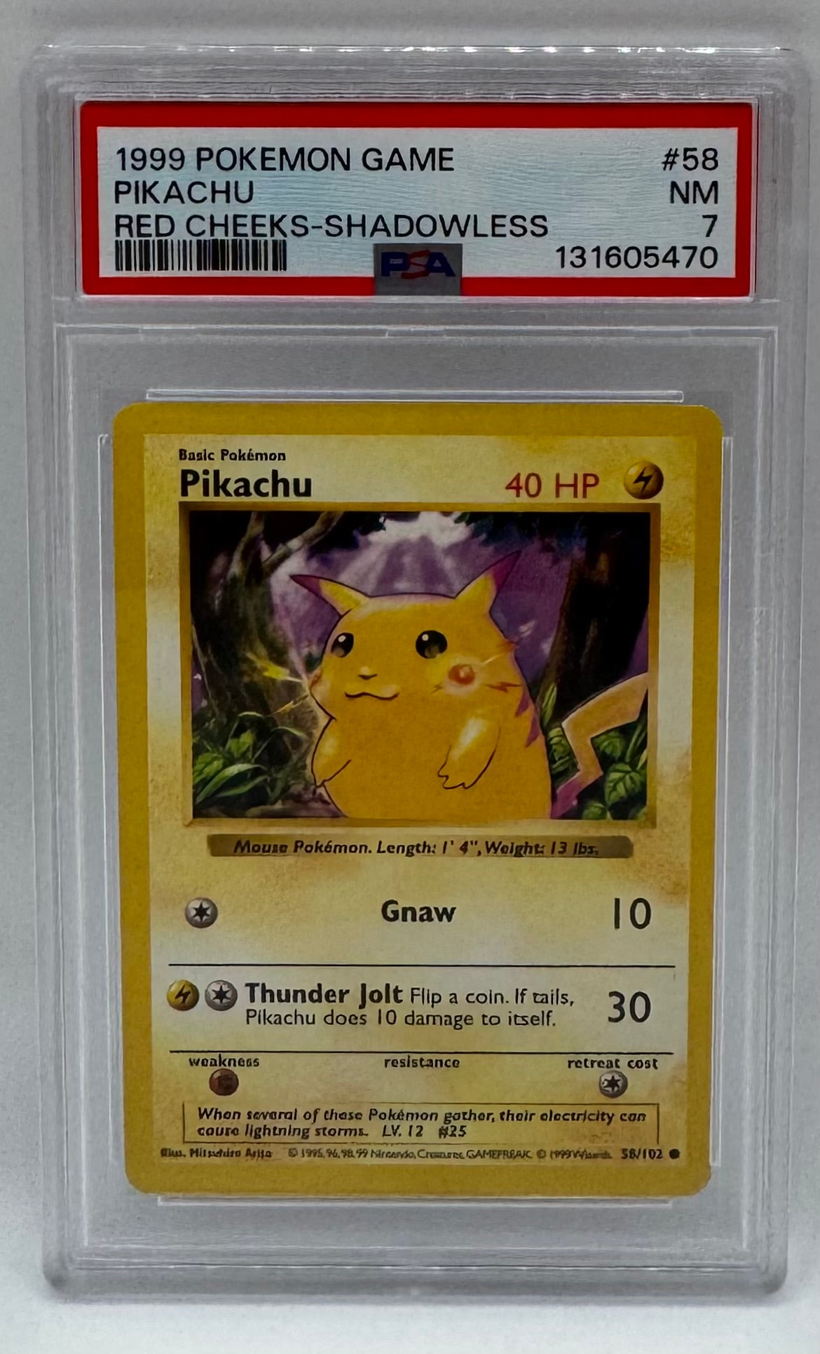 1999 Pokémon Base Set Pikachu - Red Cheeks Shadowless: 1999 Pokémon Game #58 Pikachu (Red Cheeks) Shadowless - PSA 7 NM Description: A highly sought-after "Red Cheeks" variant of the Base Set Pikachu. This is the "Shadowless" version, a rare early