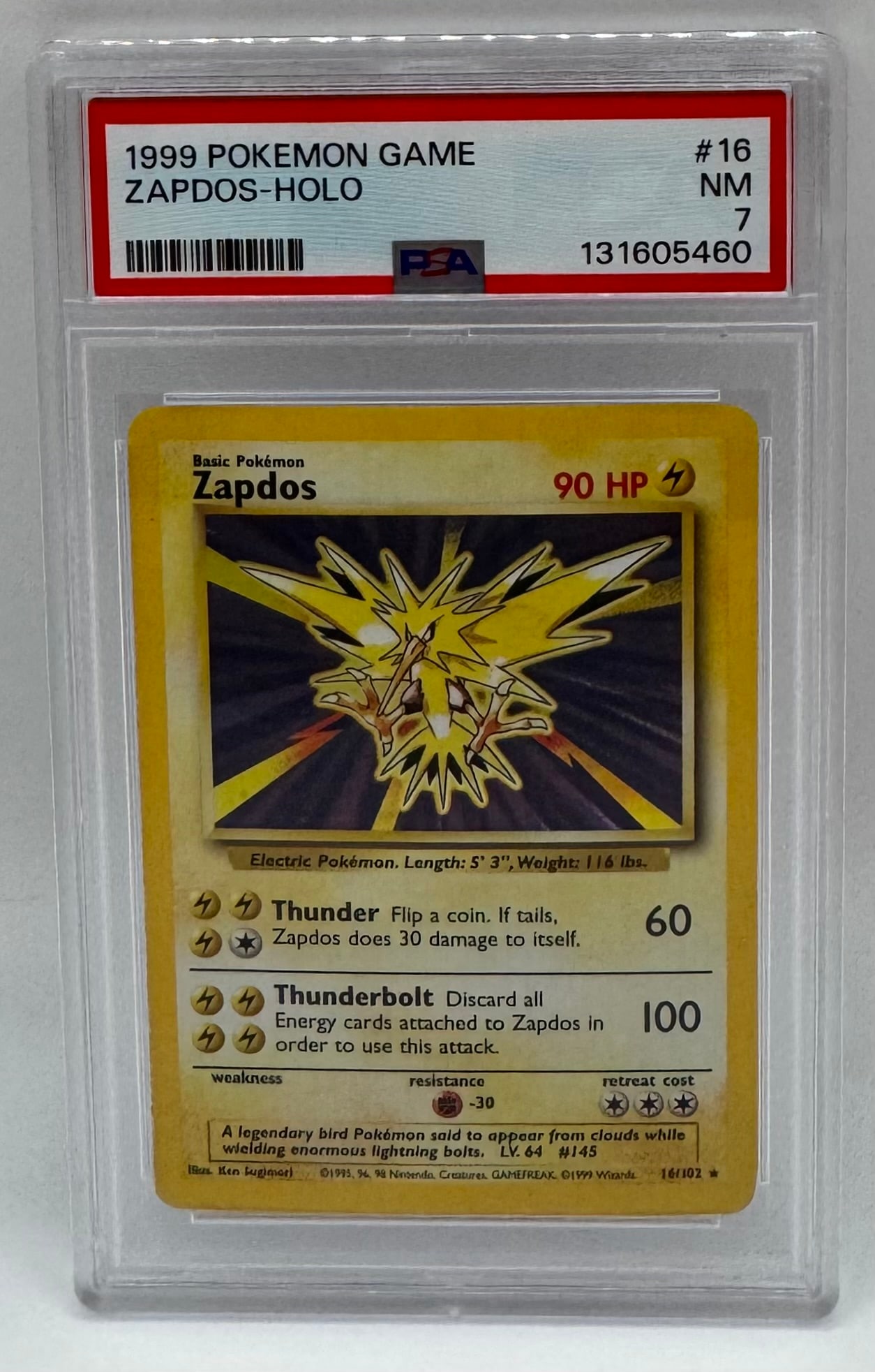 1999 Pokémon Base Set Zapdos Holo: The legendary bird Zapdos from the original 1999 Base Set. Features the striking "Thunderbolt" artwork with a full holographic background. • Grade: PSA 7 (Near Mint) • Cert Number: