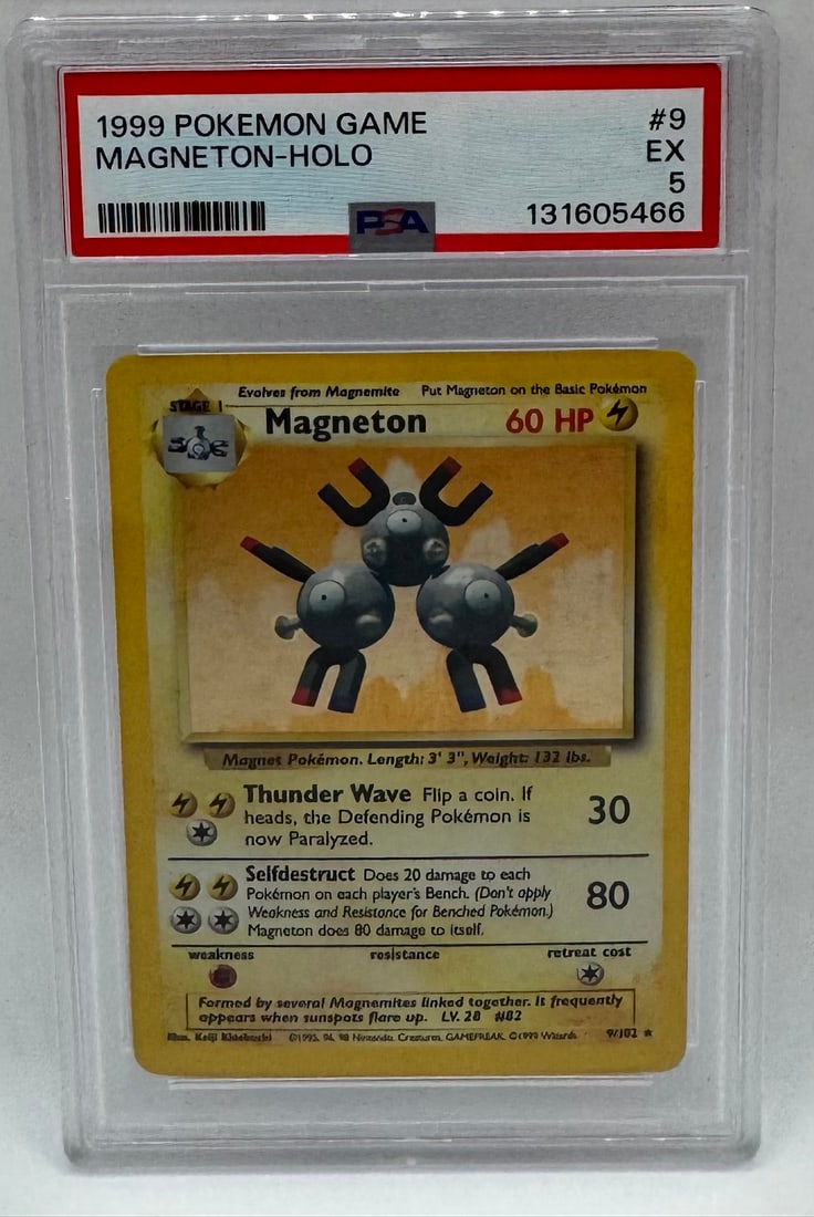 1999 Pokémon Game #9 Magneton Holo: Vintage Base Set Magneton holographic card. A great entry-level graded piece for a classic set collector. • Grade: PSA 5 (Excellent) • Cert Number: 131605466 • Key Features: