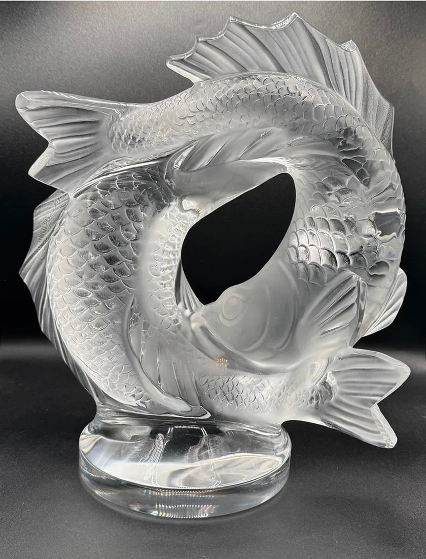 LALIQUE CRYSTAL DEUX POISSONS DOUBLE FISH FIGURE - SIGNED - 2
