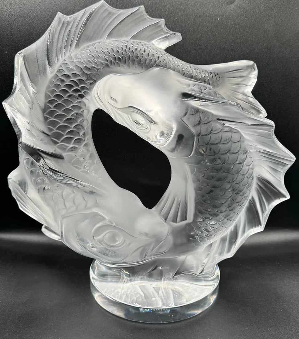 LALIQUE CRYSTAL DEUX POISSONS DOUBLE FISH FIGURE - SIGNED - 5