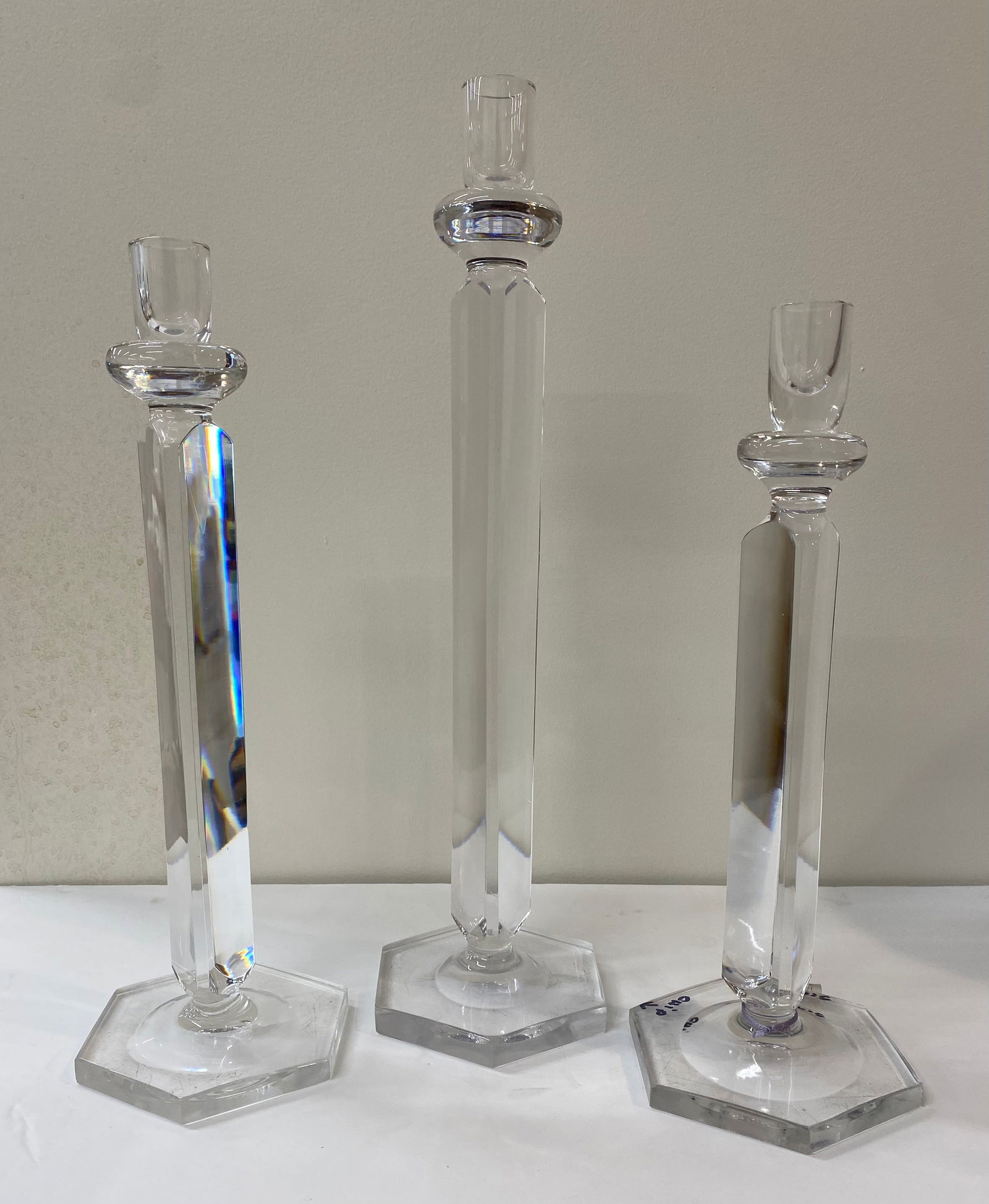 Trio of Contemporary Clear Crystal Hexagonal Pillar Candlesticks (1 of 1)