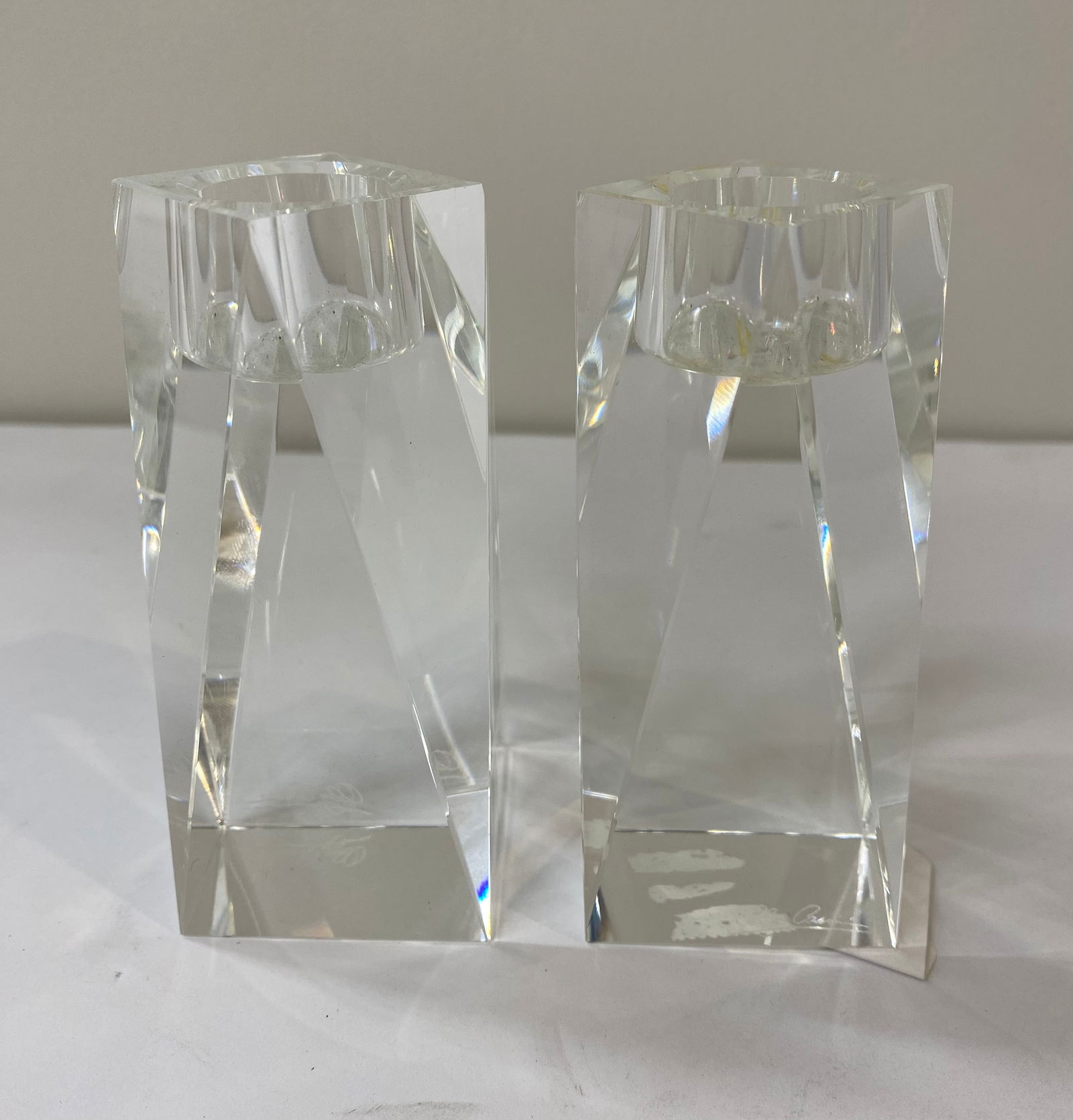 Pair of Modernist Architectural Clear Crystal Pillar Candlesticks (1 of 1)
