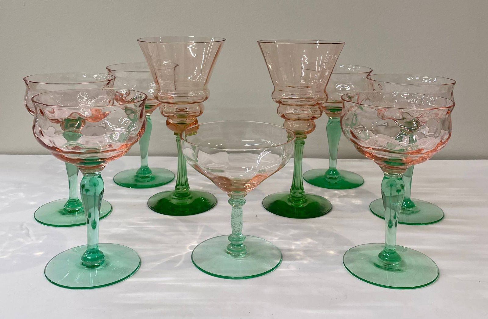 8pc Art Deco Style Pink Depression Glass Stemware - Green Bases (1 of 1)