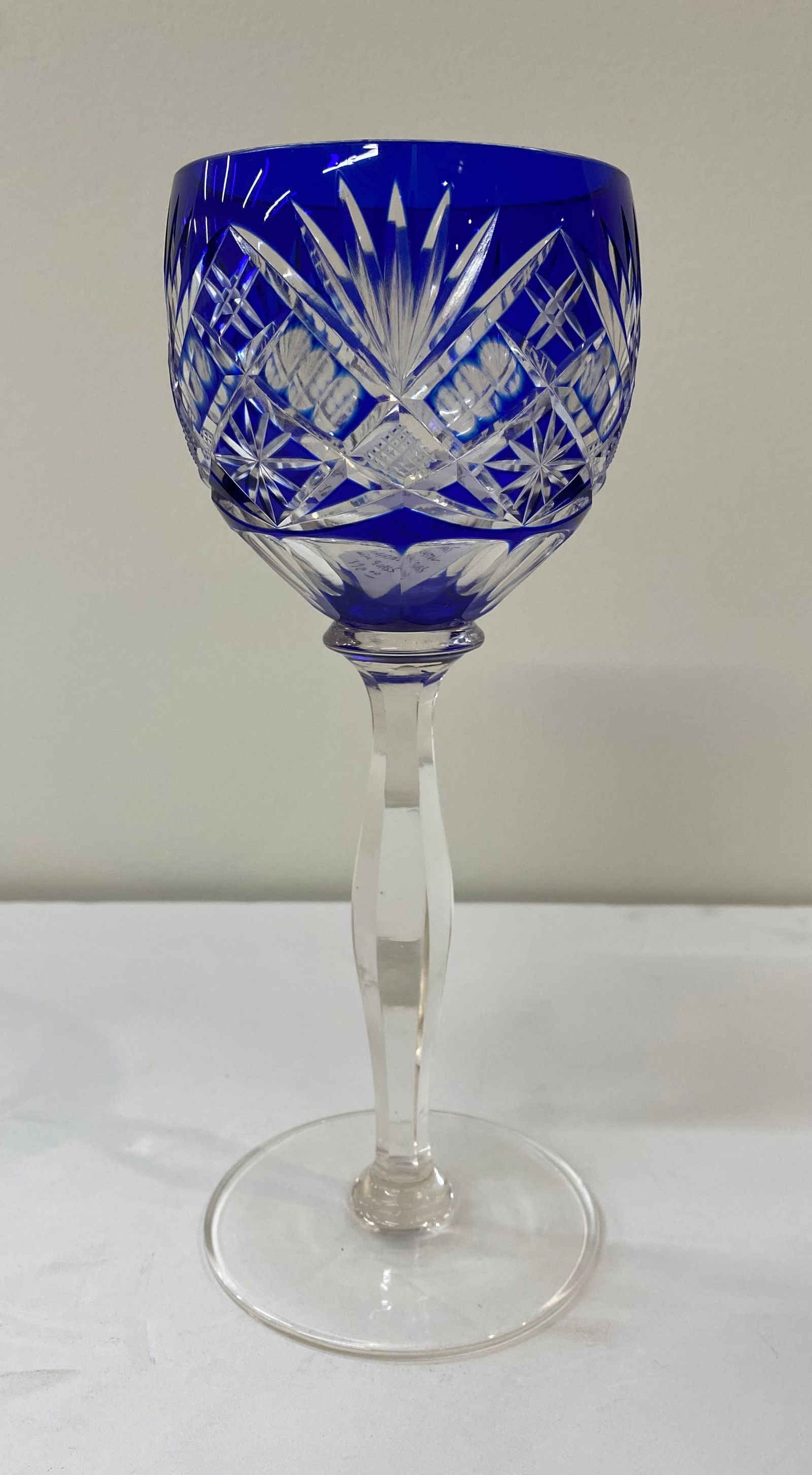 Bohemian Cobalt Blue Cut-to-Clear Crystal Wine Goblet (1 of 1)