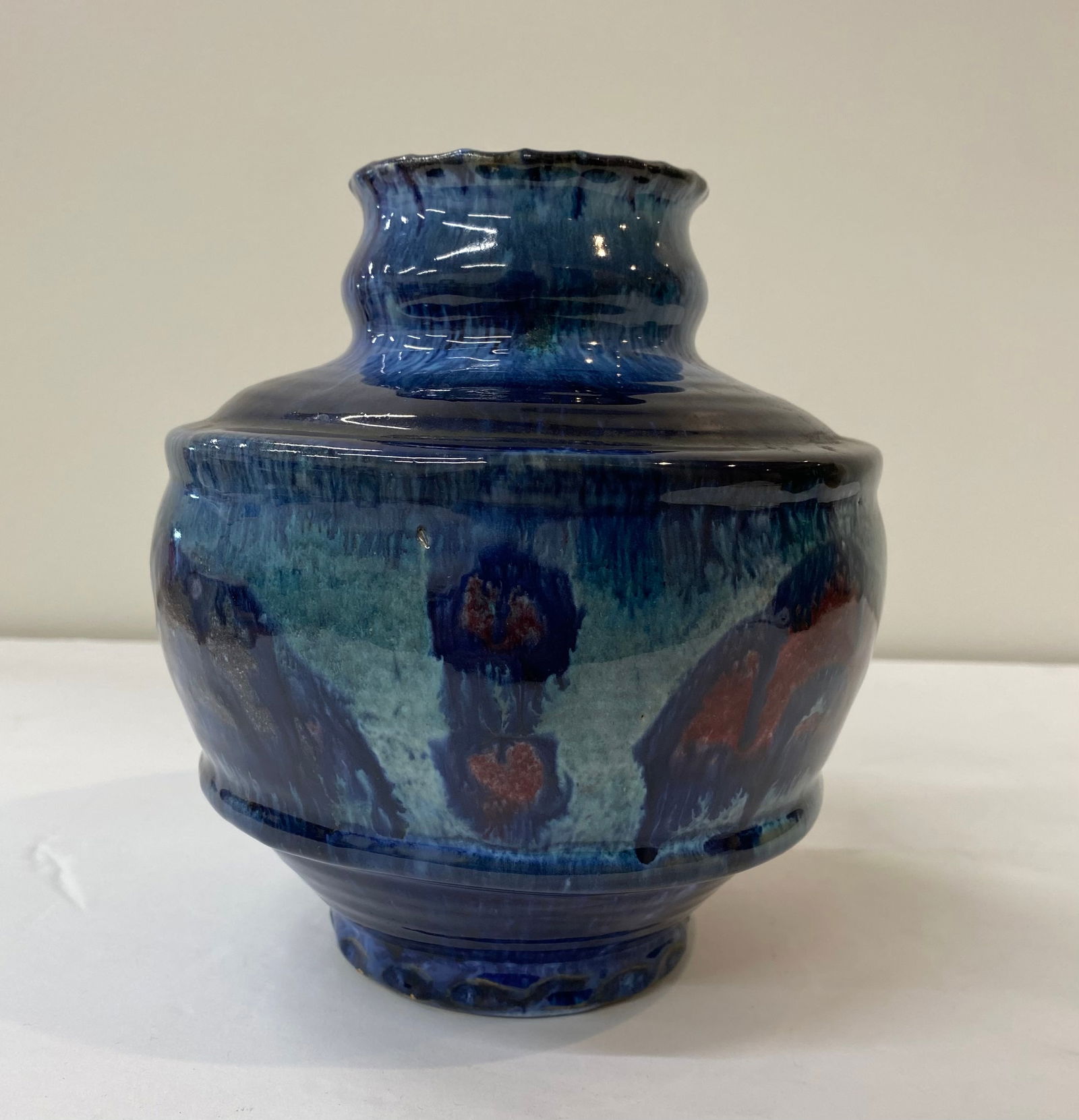 Mid-Century Modern Studio Pottery Vase – Cobalt & Oxblood Drip Glaze (1 of 1)