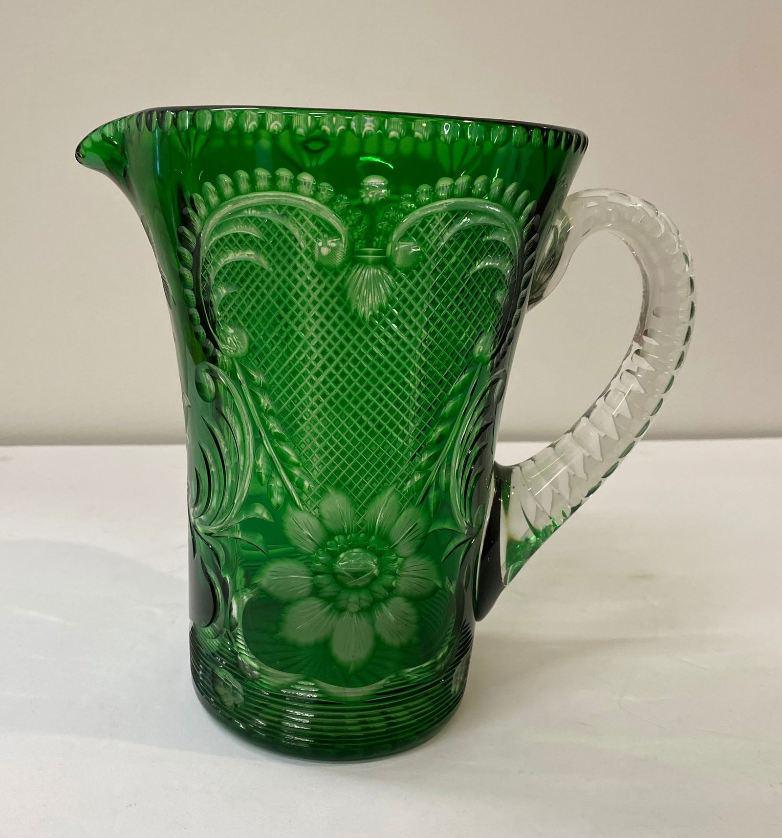 Antique Bohemian Emerald Green Cut-to-Clear Glass Pitcher – Floral Motif (1 of 1)
