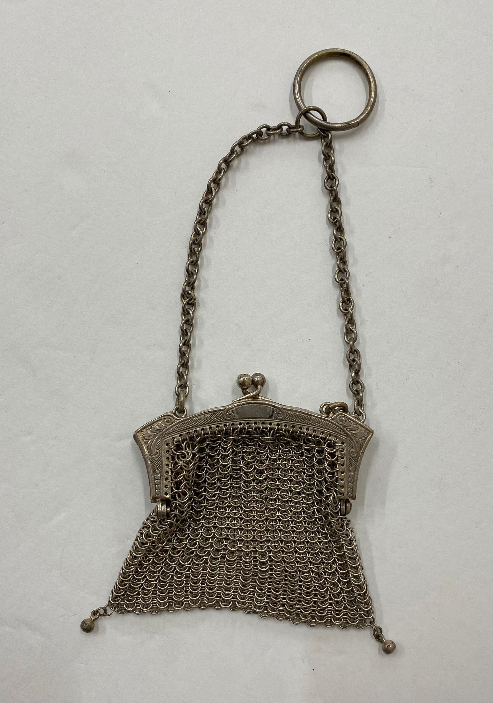 Antique Art Nouveau Silver-Tone Mesh Chatelaine Coin Purse (1 of 1)