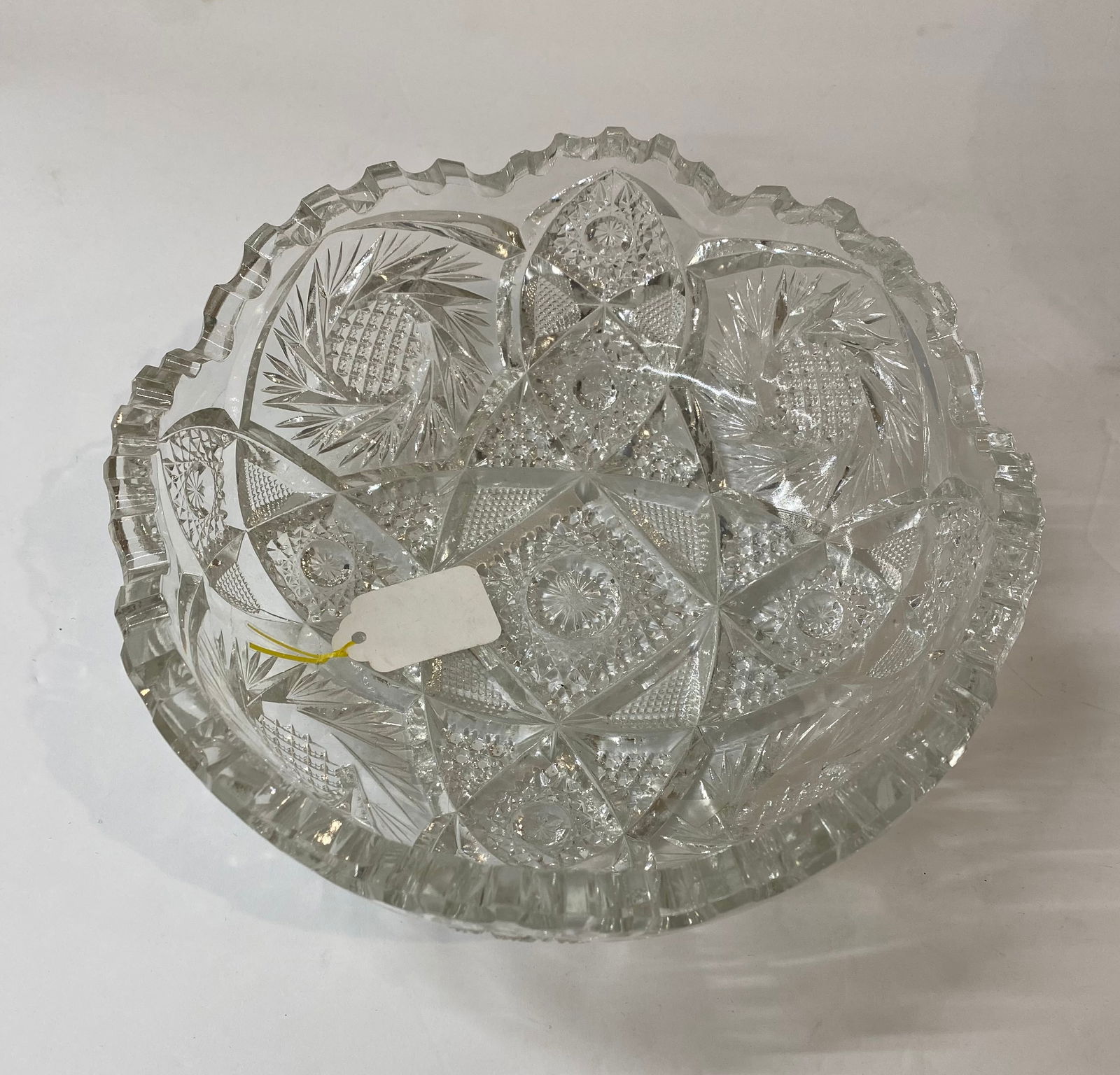 Large American Brilliant Period (ABP) Cut Glass Centerpiece Bowl - 10": An exceptional example of American Brilliant Period (ABP) cut glass, this heavy master bowl features intricate deep-cutting and superior clarity. The design showcases classic motifs including