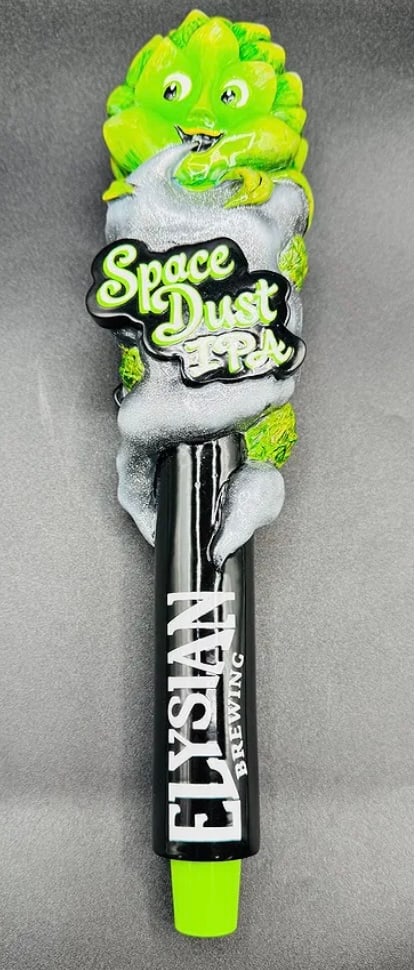 Elysian Brewing "Space Dust" IPA Beer Tap Handle – Sculpted Hop Man: Highly collectible and visually striking tap handle for Elysian Brewing's flagship IPA, Space Dust. Features the iconic "Space Dust" hop character emerging from a nebula cloud. • Brand: