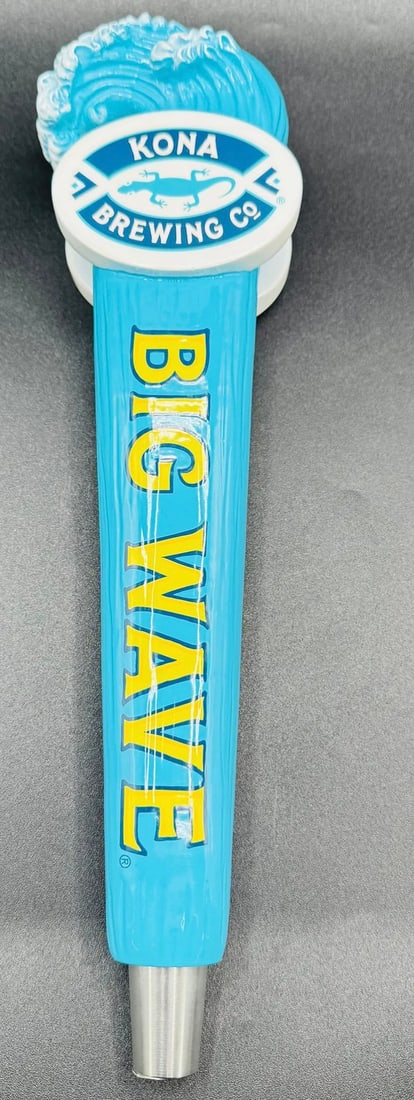Kona Brewing Co. "Big Wave" Golden Ale Tap Handle – Sculpted Wave Design: A beautiful Hawaiian-inspired tap handle featuring a large, crashing turquoise wave at the top and a textured body. Includes the Kona Brewing Co. logo and "Big Wave" branding. • Brand: Kona