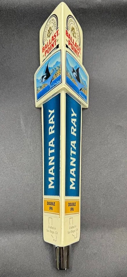 Ballast Point Brewing "Manta Ray" Double IPA Beer Tap Handle: A premium, tall triangular tap handle for Ballast Point's Manta Ray Double IPA. Features the signature nautical artwork of a manta ray leaping from the water. Crafted in San Diego, CA. •
