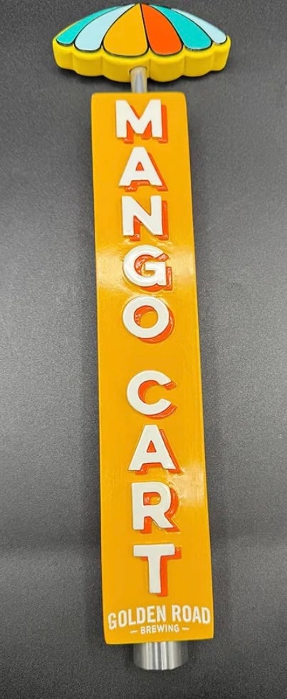 Golden Road Brewing Mango Cart Wheat Ale Tap Handle - Umbrella Topper: Brand: Golden Road Brewing • Style: Mango Cart (Wheat Ale) • Design: Features the signature bright yellow cart design topped with a colorful 3D beach umbrella. • Material: