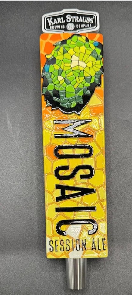 Karl Strauss Mosaic Session Ale Beer Tap Handle - Mosaic Hop Design: Brand: Karl Strauss Brewing Company • Style: Mosaic Session Ale • Design: Features a unique "mosaic" stained-glass textured pattern representing the hop profile, finished with the brand
