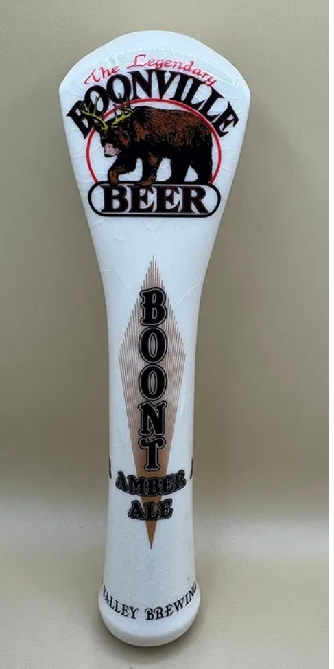 Anderson Valley Brewing Boont Amber Ale Beer Tap Handle Legendary Boonville: A beautiful ceramic-style tap handle for Anderson Valley Brewing Company's Boont Amber Ale. It features the "The Legendary Boonville Beer" logo with the famous "Beer" (bear with deer antlers) mascot.