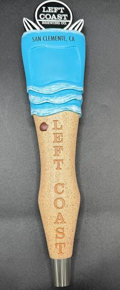 Left Coast Brewing Co. Tap Handle San Clemente CA Surfboard & Waves: A highly detailed, sculptural tap handle from Left Coast Brewing Co. based in San Clemente, California. The design features a light blue "ocean" section with 3D whitecap waves, topped with a