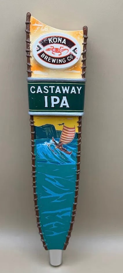 Kona Brewing Co. "Castaway IPA" Sculpted Outrigger Beer Tap Handle: A highly detailed, colorful sculpted tap handle for Kona Brewing Co. featuring their Castaway IPA. The design includes an outrigger canoe on ocean waves, a tropical sunset background, and the