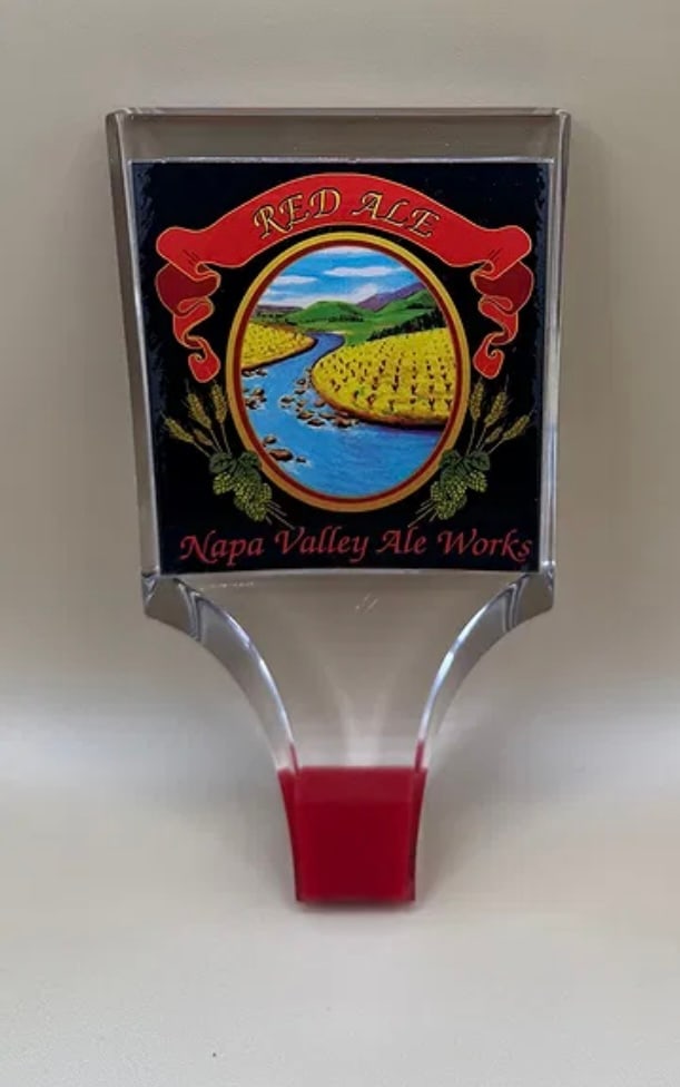 Napa Valley Ale Works "Red Ale" Lucite Acrylic Beer Tap Handle: A beautiful clear acrylic tap handle featuring a scenic landscape label for Napa Valley Ale Works "Red Ale." The bottom of the tap features a red-tinted acrylic base to match the beer style. • D