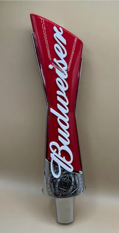 Large Budweiser Script Beer Tap Handle - Red & Chrome: A bold, modern Budweiser tap handle featuring the classic script logo in raised white lettering over a deep red background. The handle features a distinctive angular "bowtie" silhouette and is