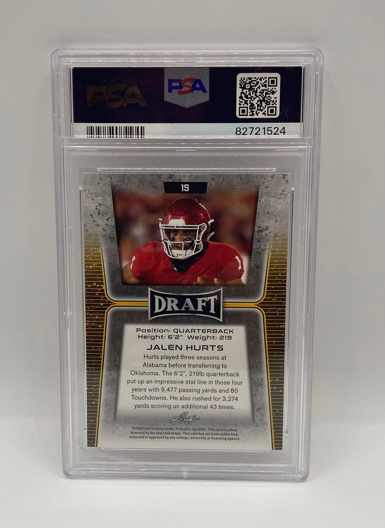 2020 Leaf Draft Jalen Hurts Gold Rookie Card #15 - PSA 10 Gem Mint - 2