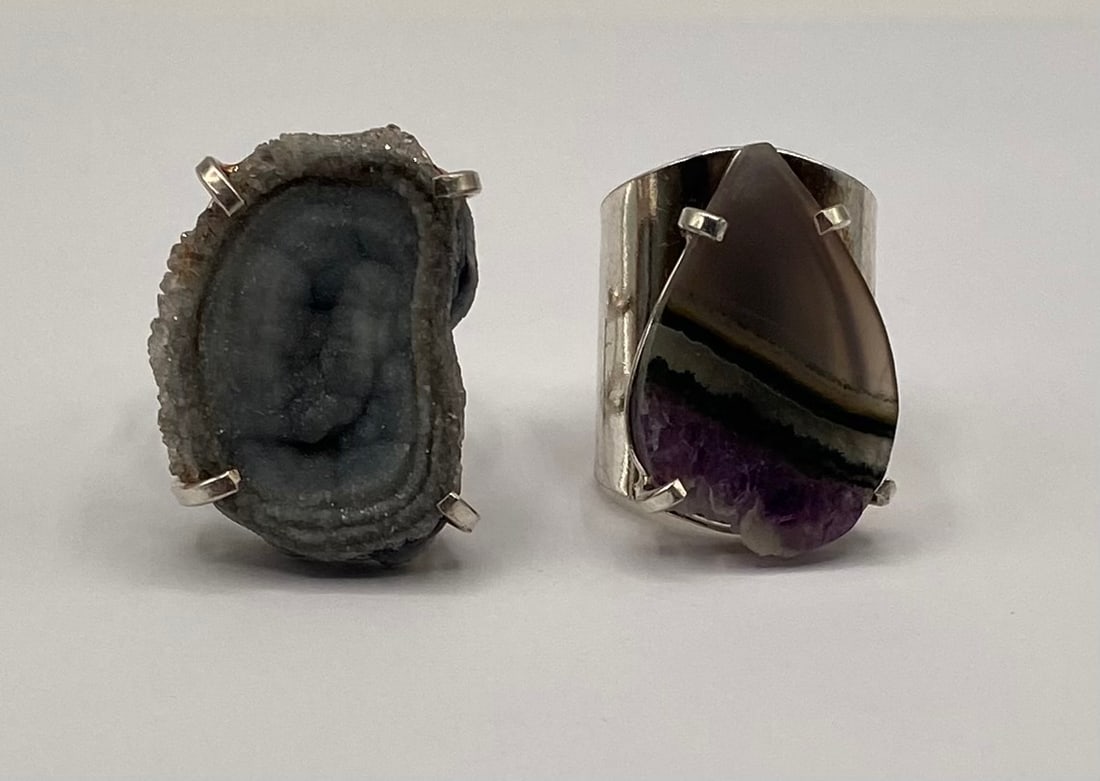 2) Silver Statement Rings - Natural Agate & Amethyst Geode - 2