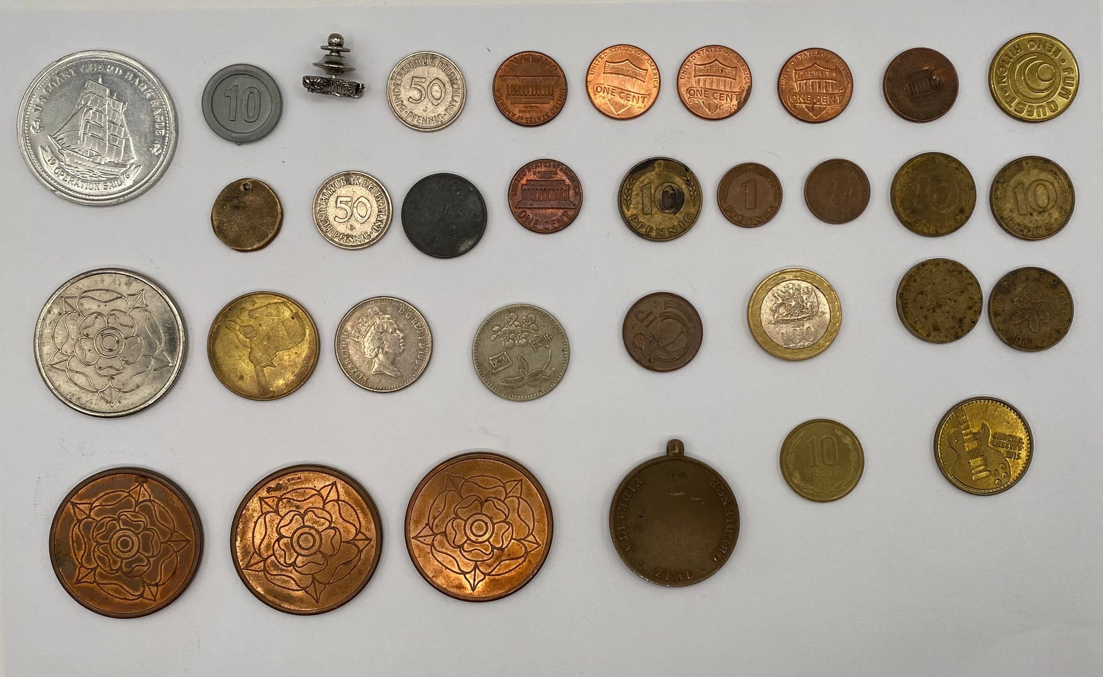 World Coin & Token Lot - US Coast Guard Bicentennial, International Currency & Vintage Tokens - 2