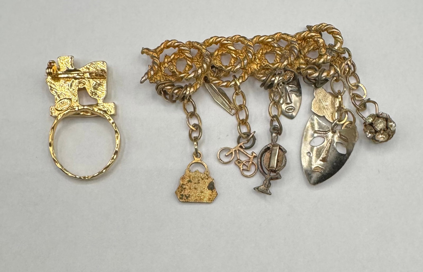 Vintage Gold-Tone Charm Piece with Drama Masks & Novelty Sewing Machine Ring - 2