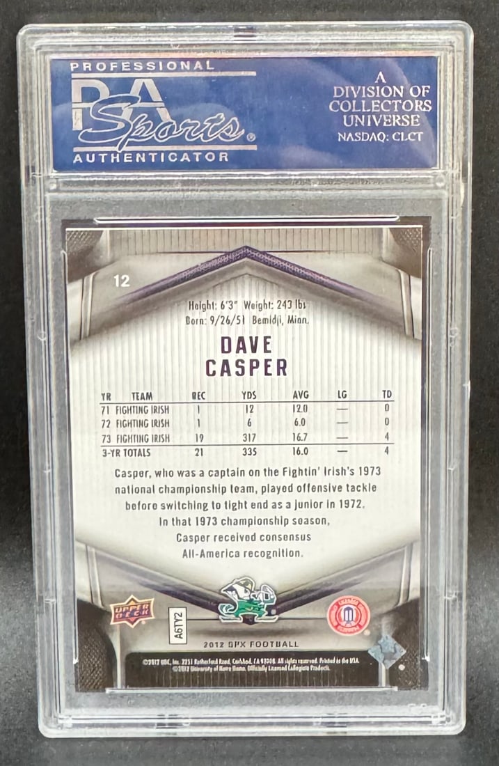 2012 SPx Dave Casper #12 Notre Dame Fighting Irish PSA 10 Gem MT - 2