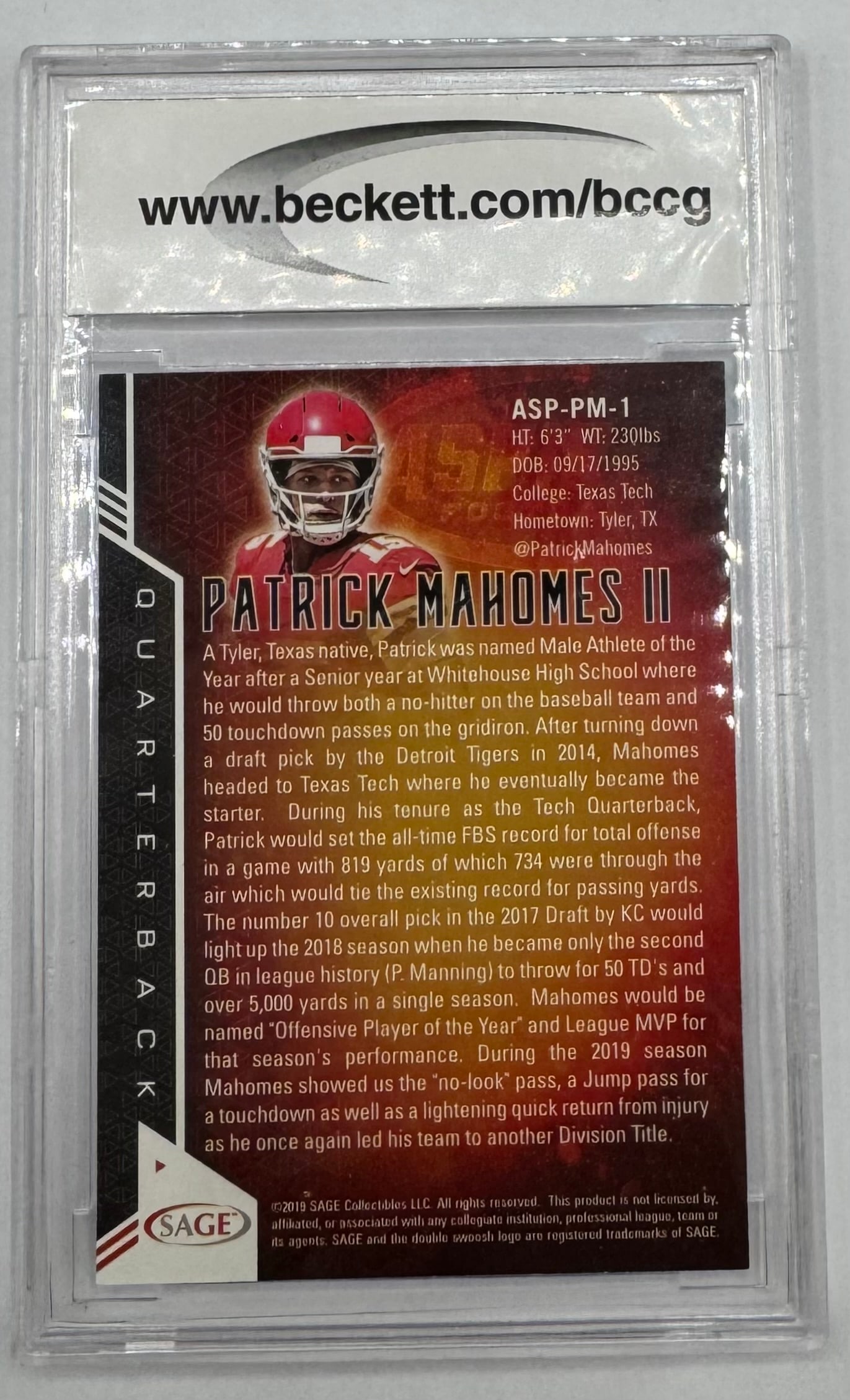 Patrick Mahomes II 2019 Sage Aspire – BCCG 10 - 2