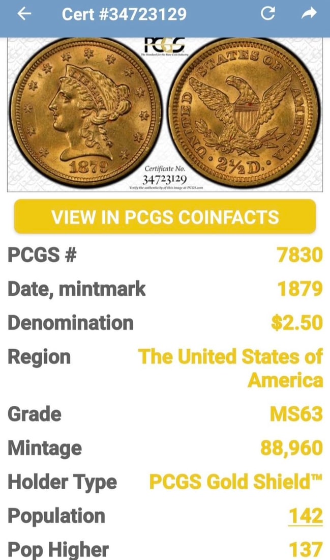1879 $2.50 Liberty Head Gold Quarter Eagle - PCGS MS63 Gold Shield - 3