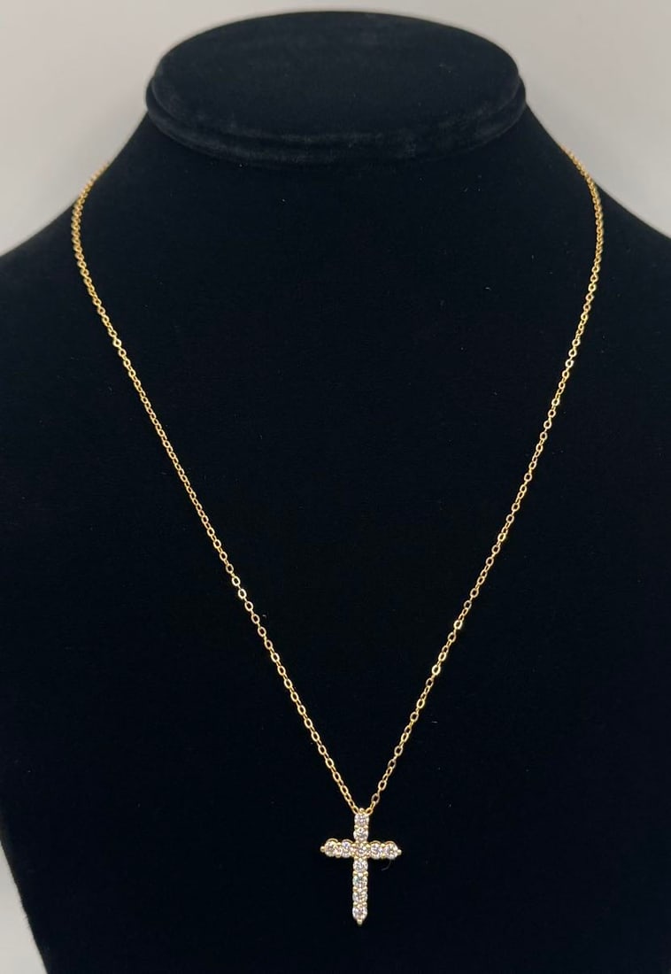 Stunning Moissanite Cross Pendant Necklace - 18K Gold Plated - GRA Certified - 2