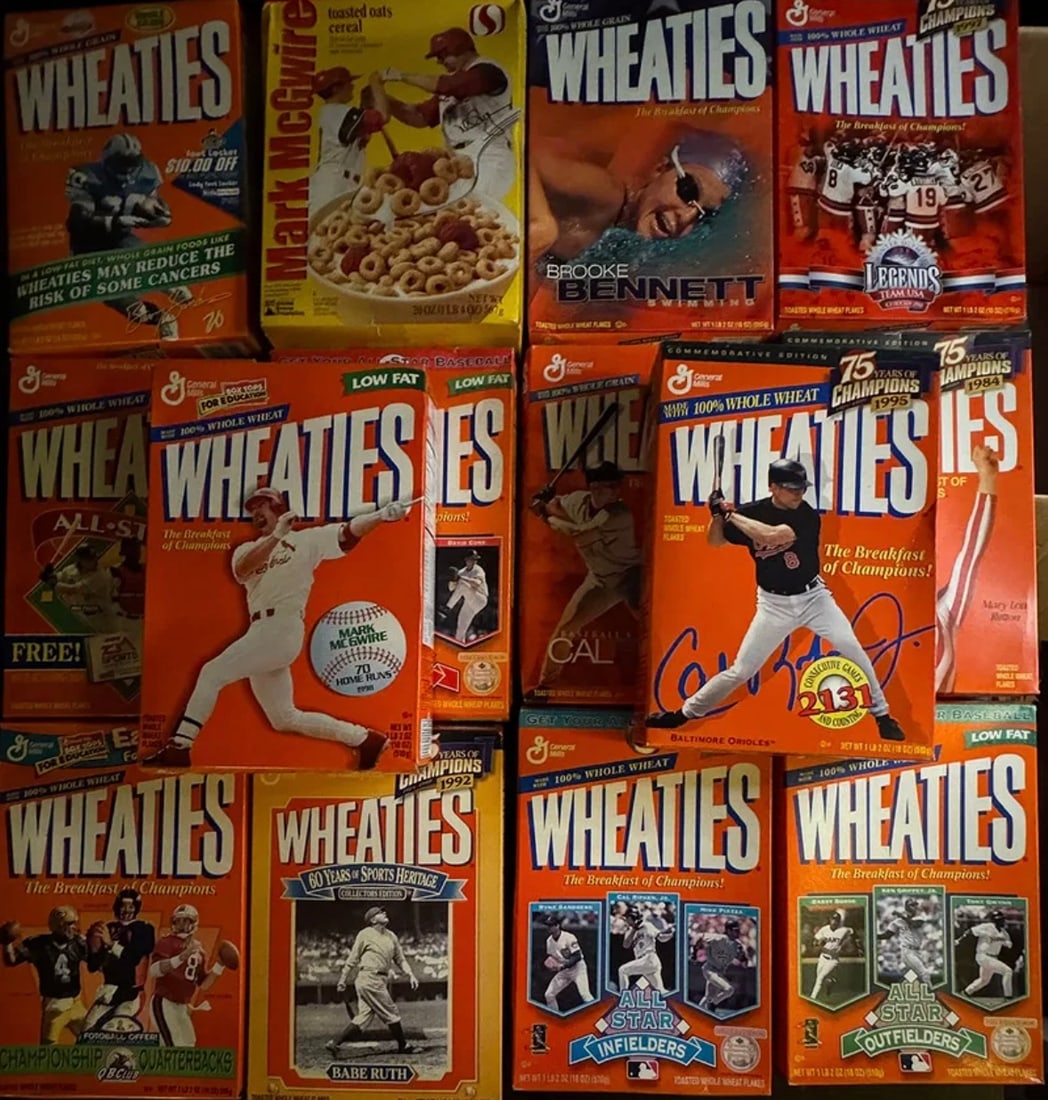 (20) Factory Sealed Wheaties Boxes: Michael Jordan, Tiger Woods, Babe Ruth, Elway: An impressive collection of (20) original, factory-sealed Wheaties cereal boxes featuring a "Who's Who" of legendary athletes across baseball, basketball, football, and golf. This lot represents a