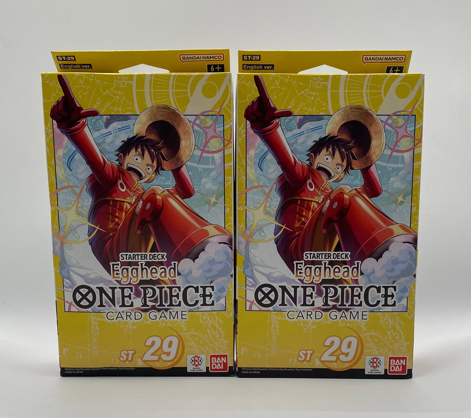 Sealed One Piece ST-29 Starter Decks (Pair): Manufacturer: Bandai Set/Series: Egghead Starter Deck [ST-29] Language: English Version Quantity: 2 Decks Condition: Factory Sealed / New Old Stock Scope of Delivery: > Offered as a consecutive pair,