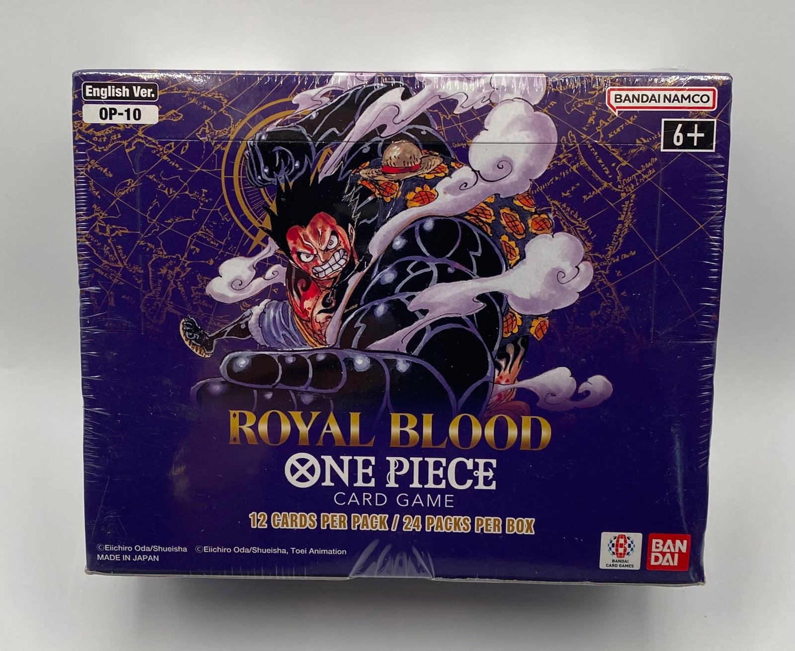 One Piece Royal Blood Booster Box Factory Sealed: Manufacturer: Bandai Set/Series: Royal Blood Booster Box [OP-10] Language: English Version Configuration: 24 Booster Packs per Box / 12 Cards per Pack Condition: Factory Sealed Scope of Delivery: > A 