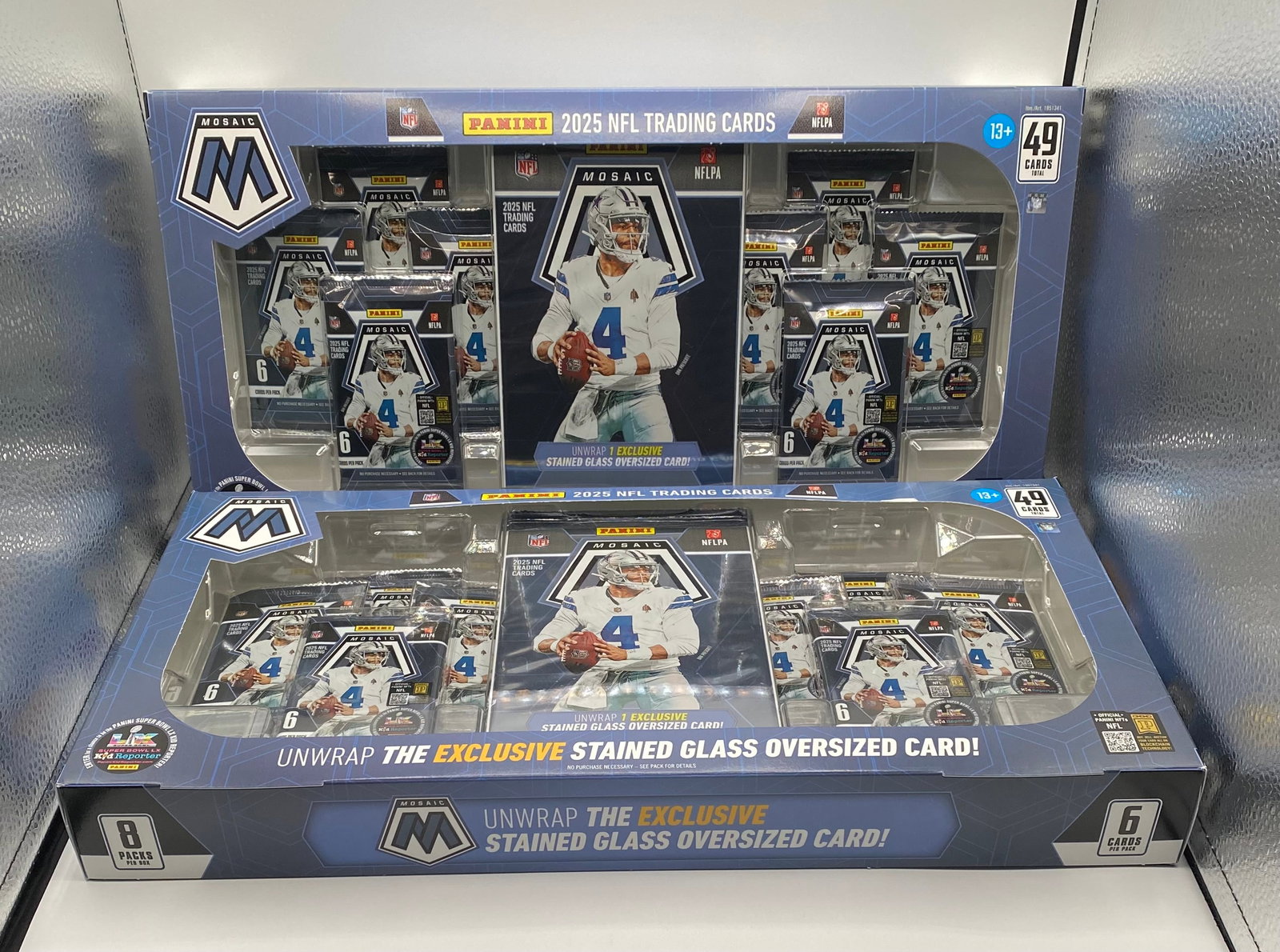 Two 2025 Panini Mosaic NFL Trading Cards Mega Box: Two 2025 Panini Mosaic NFL Football Mega Box - 49 Cards - Exclusive Stained Glass Oversized Card Included