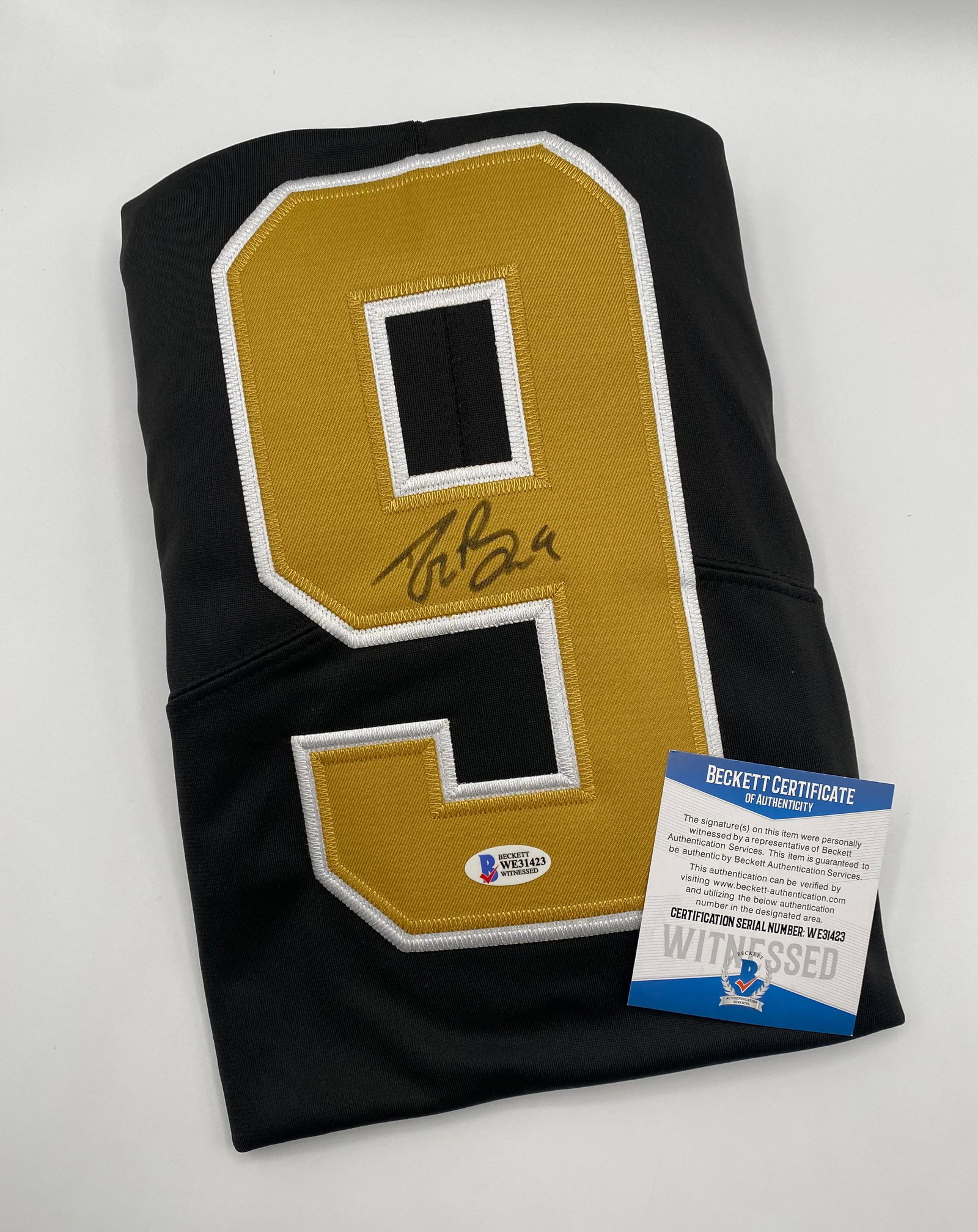 Drew Brees Autographed Jersey Beckett Witnessed COA: Commemorate one of the greatest quarterbacks in NFL history with this custom football jersey signed by Super Bowl XLIV MVP and future Hall of Famer, Drew Brees. Signed beautifully in black marker