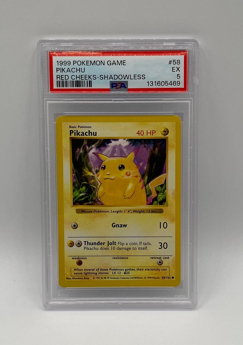 1999 Pokémon Base Set Pikachu Red Cheeks Shadowless: 1999 Pokémon Base Set Pikachu "Red Cheeks" Shadowless #58 – PSA EX 5 – Rare Error Variant