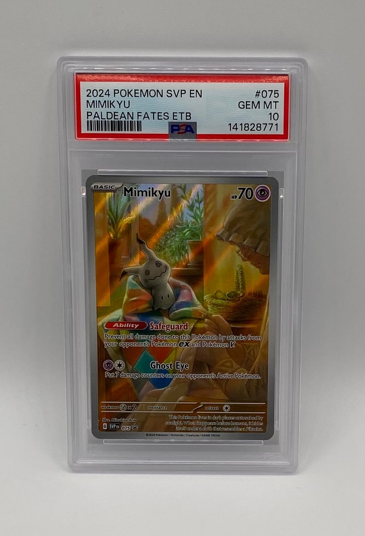 2024 Pokémon SVP EN Mimikyu Paldean Fates ETB Promo PSA 10: Game: Pokémon Trading Card Game Card: Mimikyu (Illustration Rare Promo) Set: Scarlet & Violet Promo / Paldean Fates Elite Trainer Box Exclusive Card Number: SVP EN #075 Grading Service: PSA (Prof