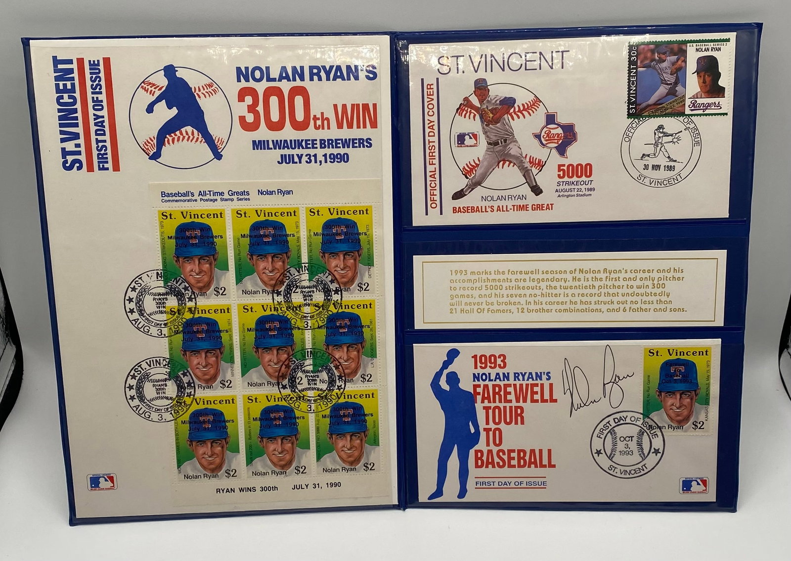Nolan Ryan Signed Stamp Folio – 300th Win, 5000th Strikeout & Farewell Tour First Day Covers: An exceptional sports philatelic collectible celebrating the legendary career of Hall of Fame pitcher Nolan Ryan. This beautifully presented blue display folio features commemorative stamps and