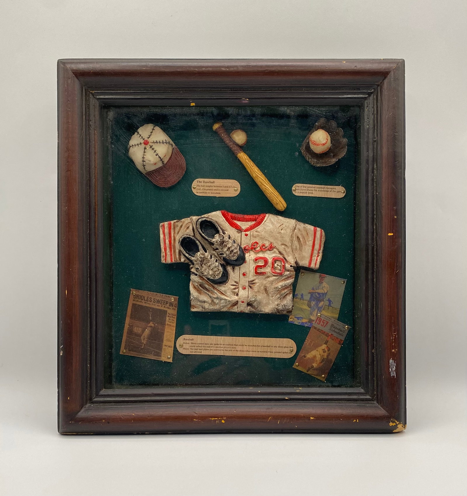 Vintage Baltimore Orioles #20 Frank Robinson Era Shadow Box Sports Display: A charming, vintage-style 3D shadow box display dedicated to classic baseball, featuring a nod to the Baltimore Orioles. The dark wooden frame houses a green felt backing decorated with painted