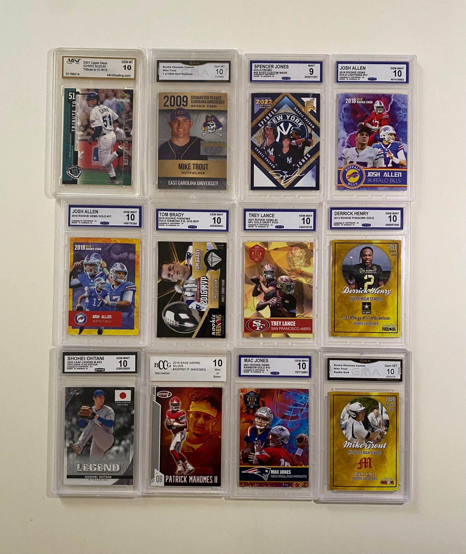 Lot of 12 Graded Sports Cards - Mahomes, Trout, Ohtani, Brady, Allen Gem Mint 10: An impressive 12-piece lot of graded modern sports cards featuring some of the biggest names in baseball and football. The collection features multiple Gem Mint 10 grades and showcases a mix of licens