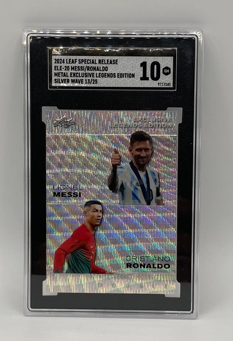 2024 Leaf Special Release Lionel Messi & Cristiano Ronaldo Dual /25: Year/Set: 2024 Leaf Special Release Metal Exclusive Legends Edition Player(s): Lionel Messi & Cristiano Ronaldo Parallel/Insert: Silver Wave Dual Serial Number: 13/25 (Low Production) Grading