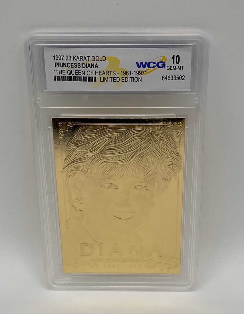 1997 Princess Diana "The Queen of Hearts" 23 Karat Gold Limited Edition – WCG 10 GEM MT: Year: 1997 Subject: Princess Diana (1961–1997) Edition: "The Queen of Hearts" Limited Edition Memorabilia Card Material: 23 Karat Gold Leaf/Vermeil Finish Grading Service: WCG (World Class