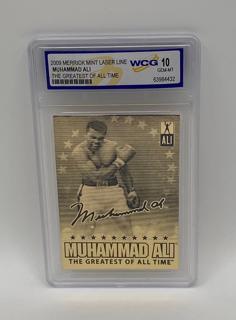 2009 Merrick Mint Laser Line Muhammad Ali "The Greatest of All Time" – WCG 10 GEM MT: Year: 2009 Subject: Muhammad Ali Set: Merrick Mint Laser Line Gold Series Sub-title: "The Greatest of All Time" Grading Service: WCG (World Class Grading) Grade: 10 Gem Mint