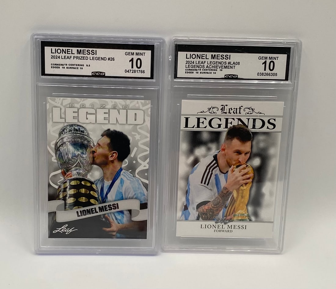 (2) 2024 Leaf Lionel Messi CCG GEM MINT 10: High-grade collectors' lot featuring two pristine Lionel Messi trading cards from the 2024 Leaf release, both awarded the prestigious Gem Mint 10 grade by CCG. Both cards showcase Messi celebrating