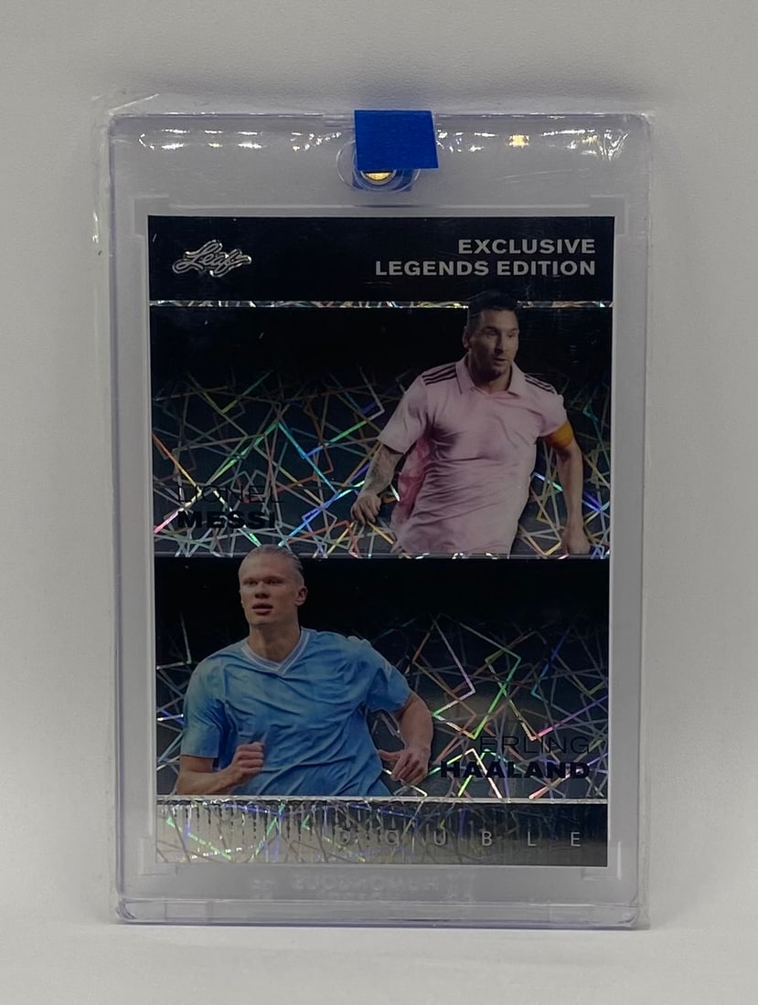 Lionel Messi / Erling Haaland Cracked Ice /7: An elite modern soccer powerhouse pairing. This 2024 Leaf Exclusive Legends Edition "Double" insert features the world’s most dominant goal scorers: Argentina’s Lionel Messi and